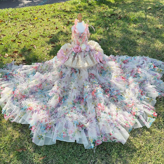 3D Rose Removable Long Trailing Pet Dress