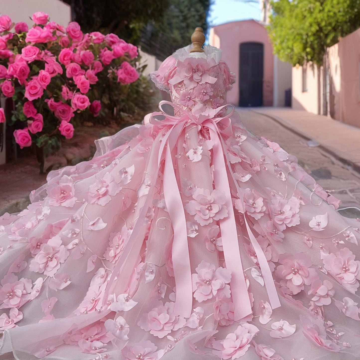 3D Flower Pearl Long Trailing Pet Wedding Dress