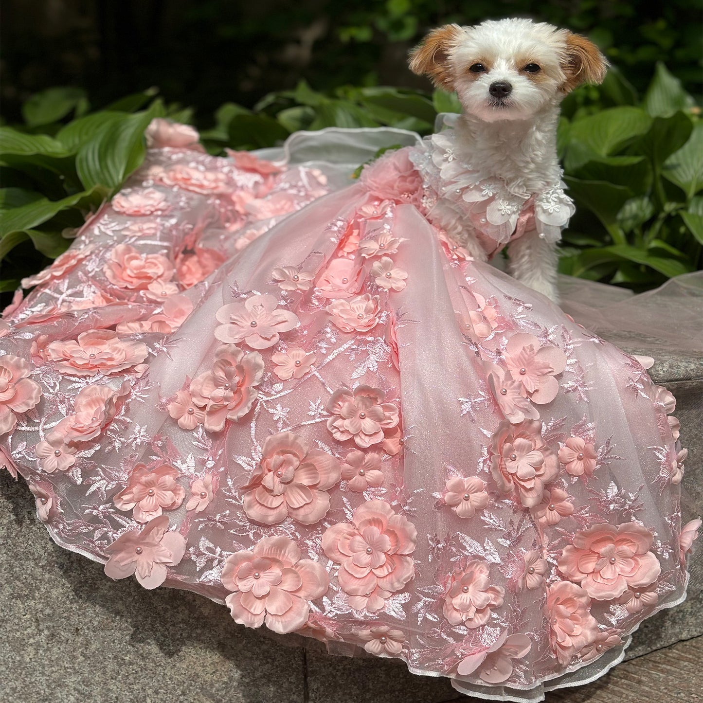 Pink 3D Floral Wedding Gown for Dogs/Cats – Long Train