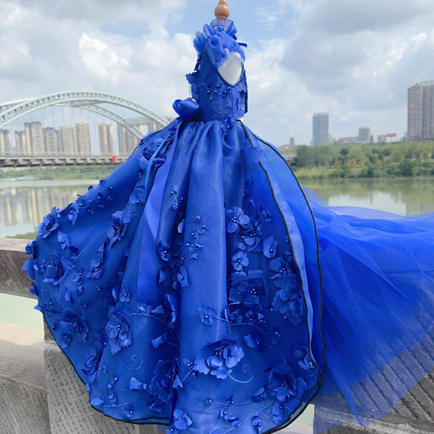 3D Flower Pearl Long Trailing Pet Wedding Dress