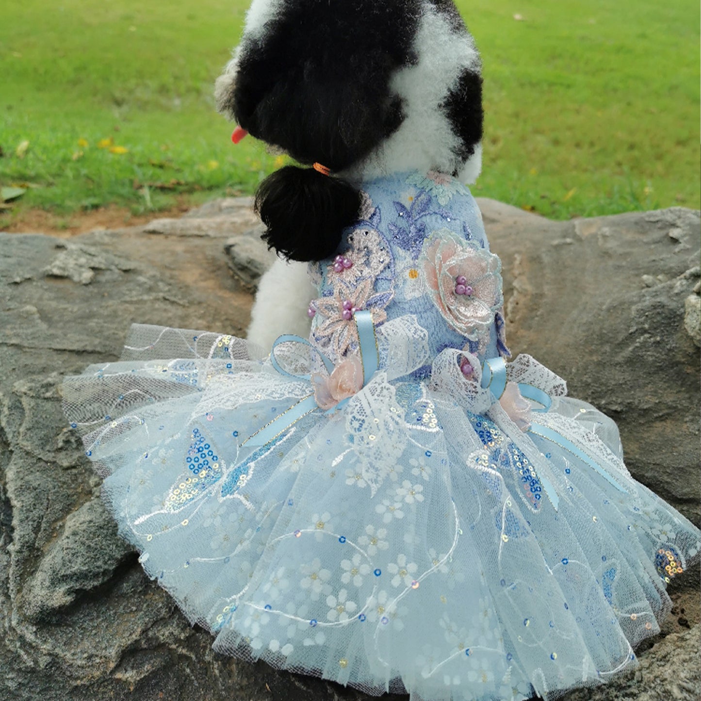 Blue Daisy Sequin Trailing Exquisite Wedding Dress for Dogs