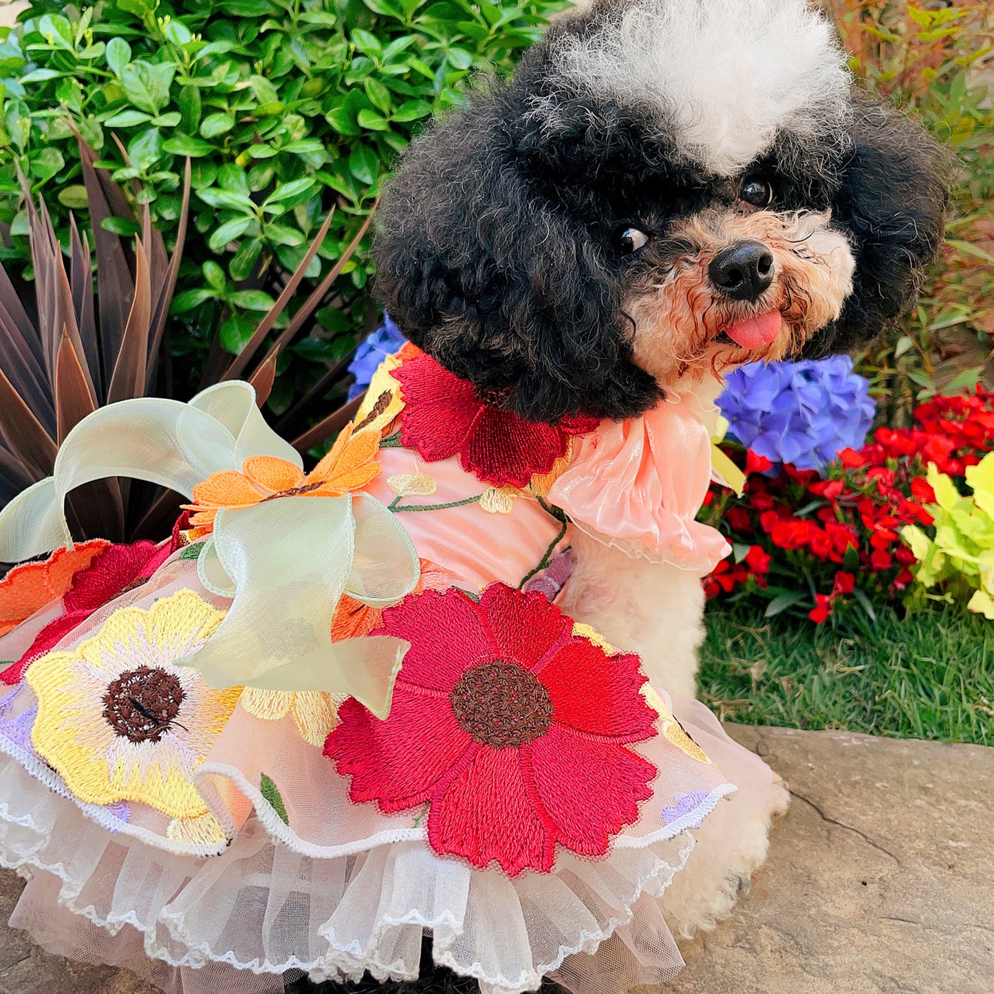 Handmade Dog Dress with 3D Embroidered Sunflower Tulle - Long - Tail Gown