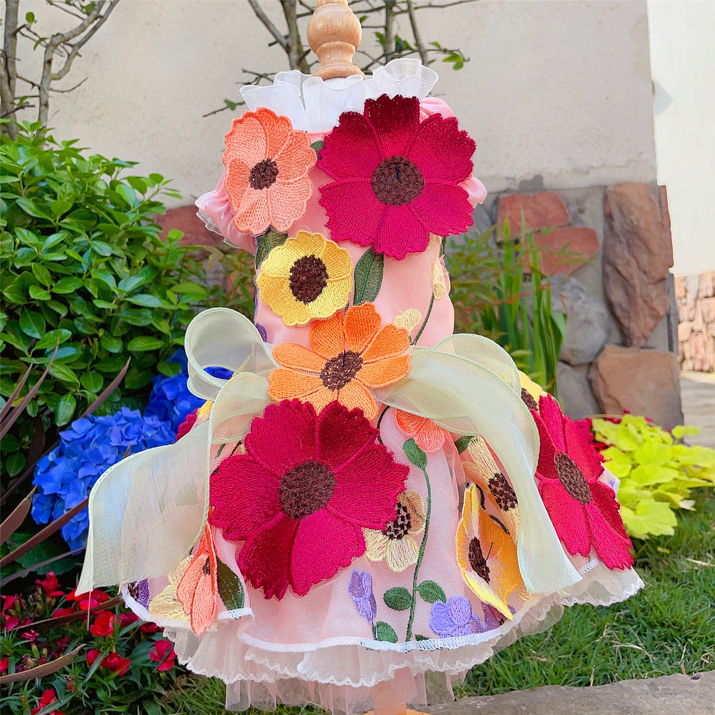 Handmade Dog Dress with 3D Embroidered Sunflower Tulle - Long - Tail Gown