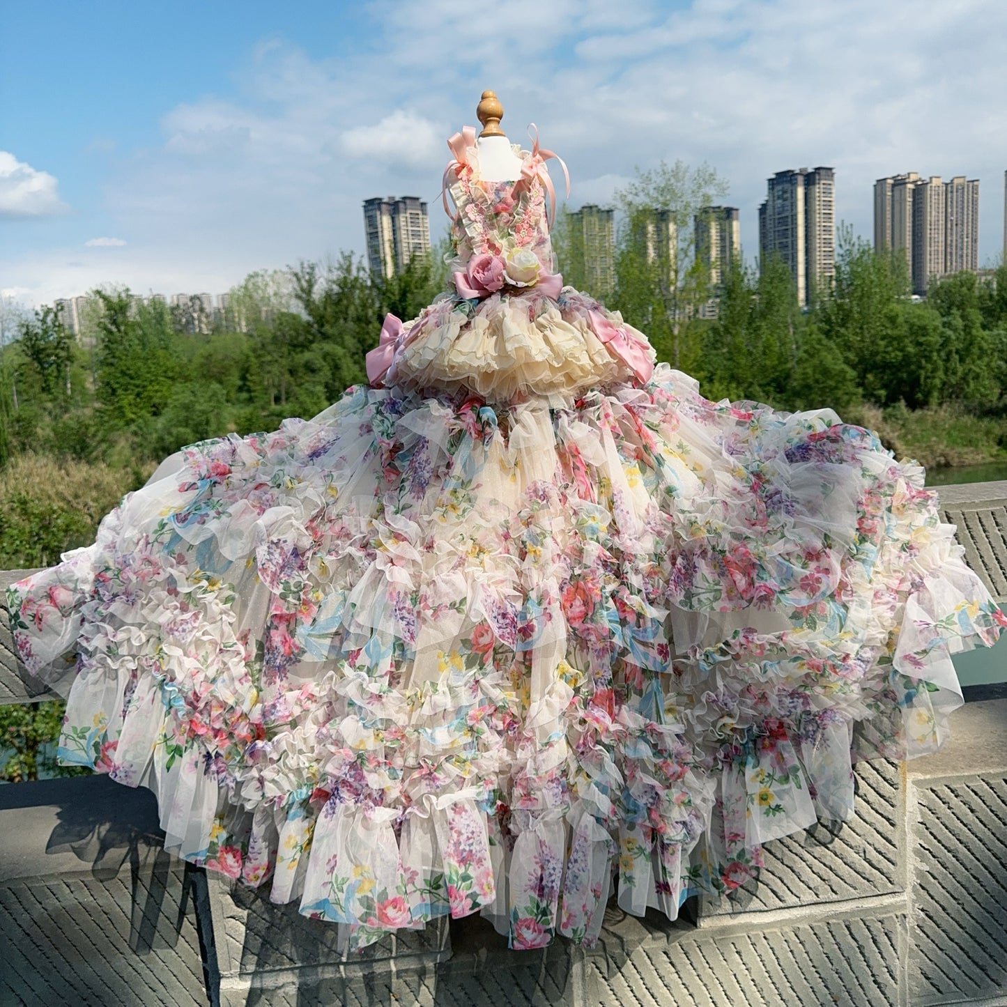 3D Rose Removable Long Trailing Pet Dress
