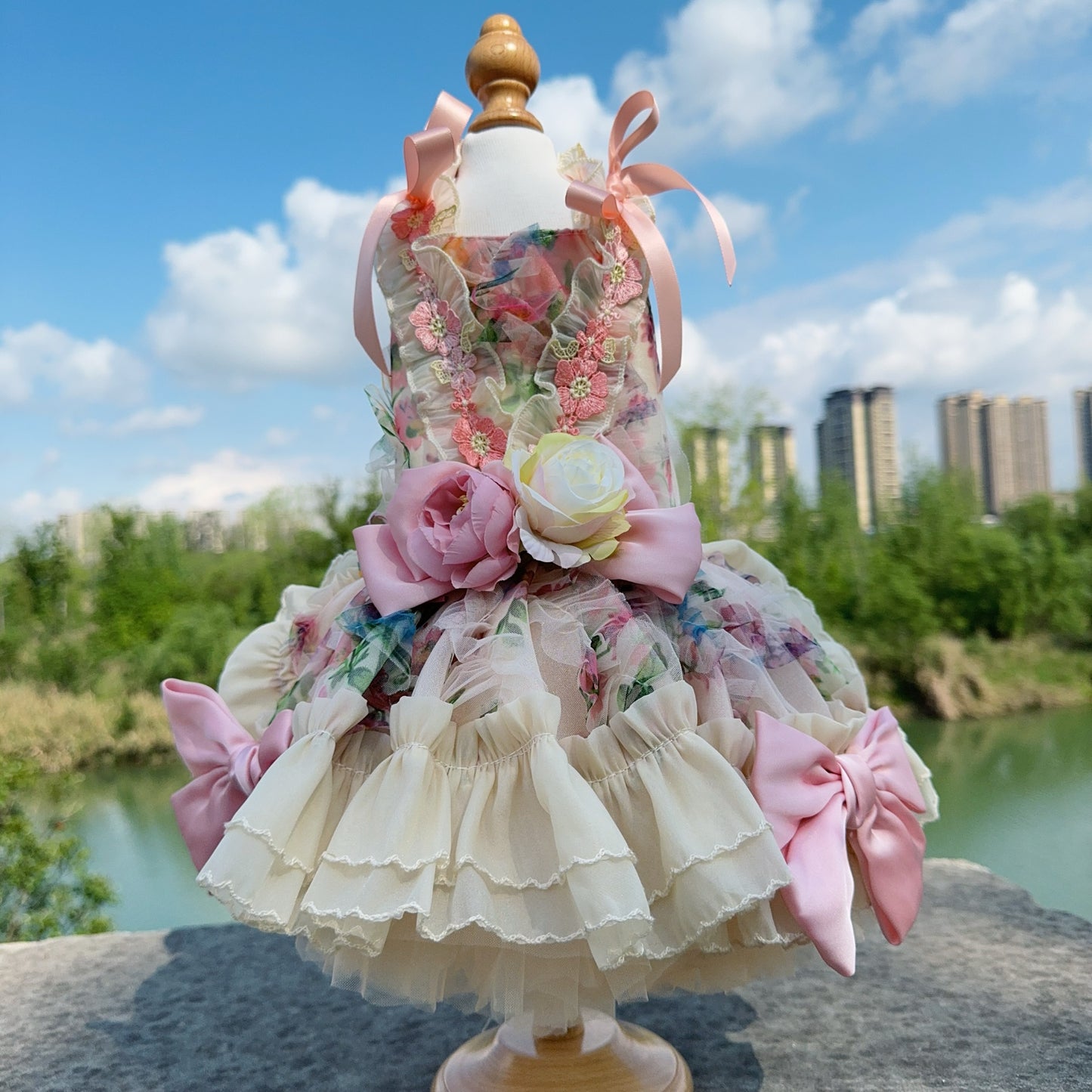 3D Rose Removable Long Trailing Pet Dress