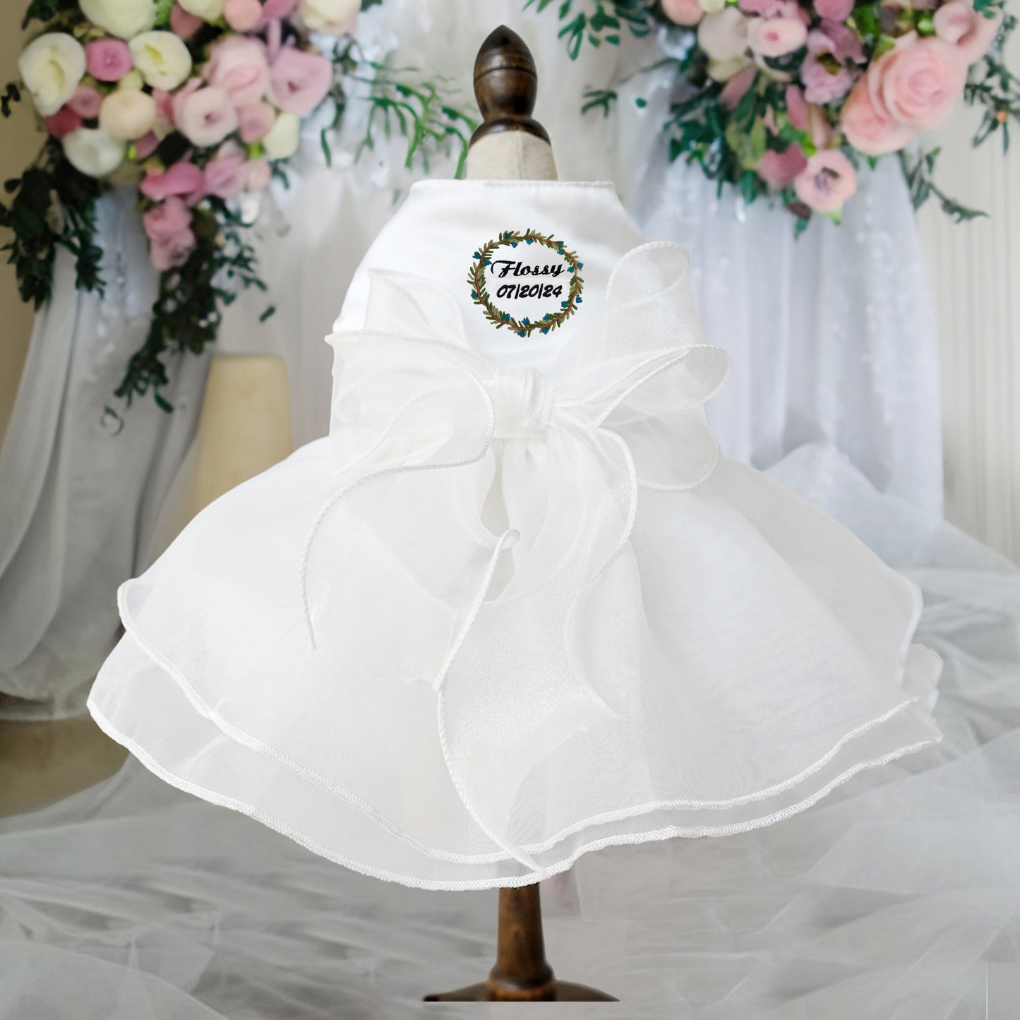 Custom Dog Wedding Dresses in Organza and Tulle with Embroidered Name