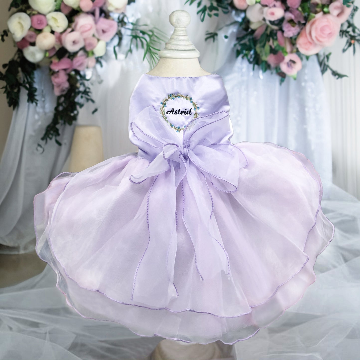 Custom Dog Wedding Dresses in Organza and Tulle with Embroidered Name