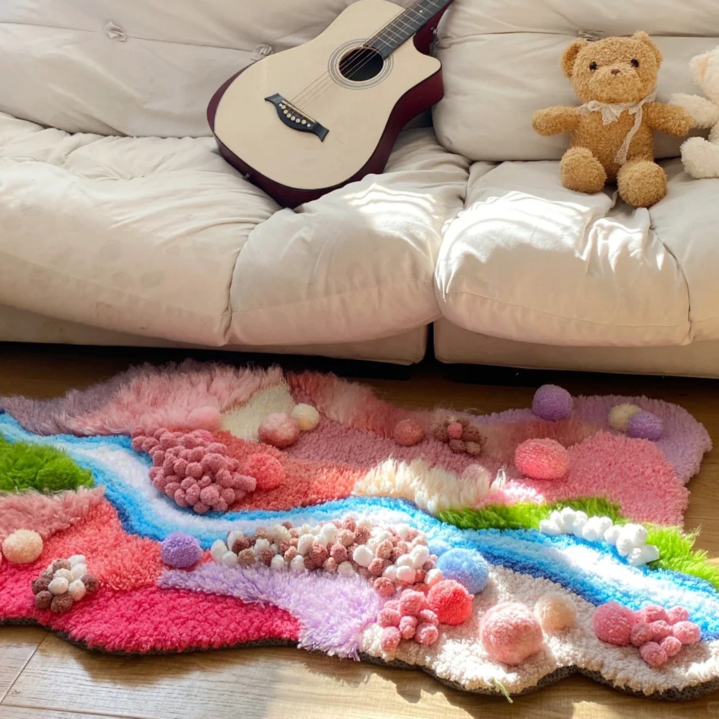 Pink Handmade Crochet Moss Fluffy Carpet - 110x70CM