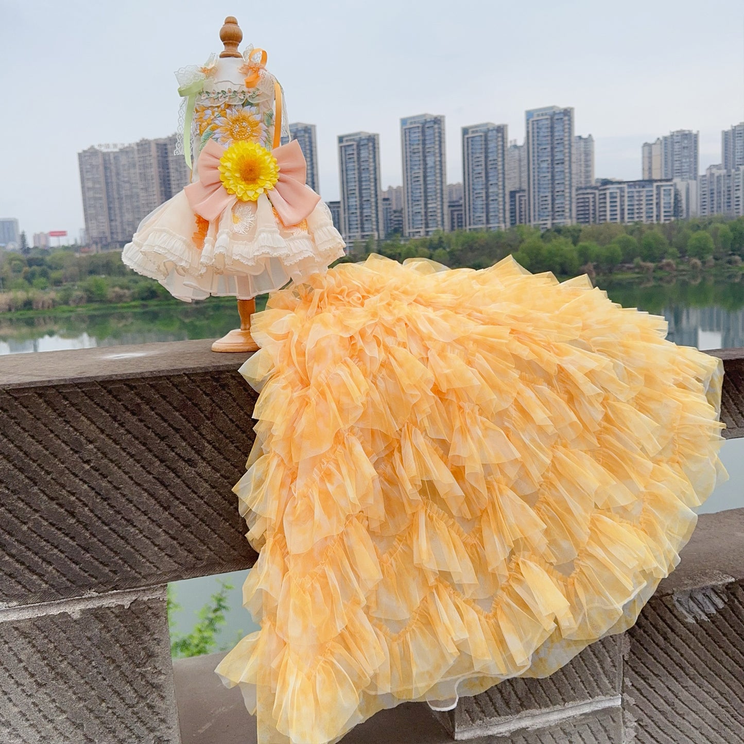 Yellow Embroidered Sunflowers Dog Wedding Dress