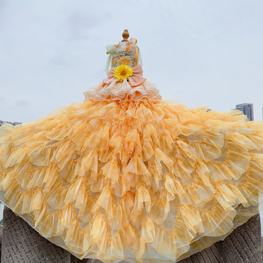 Yellow Embroidered Sunflowers Dog Wedding Dress