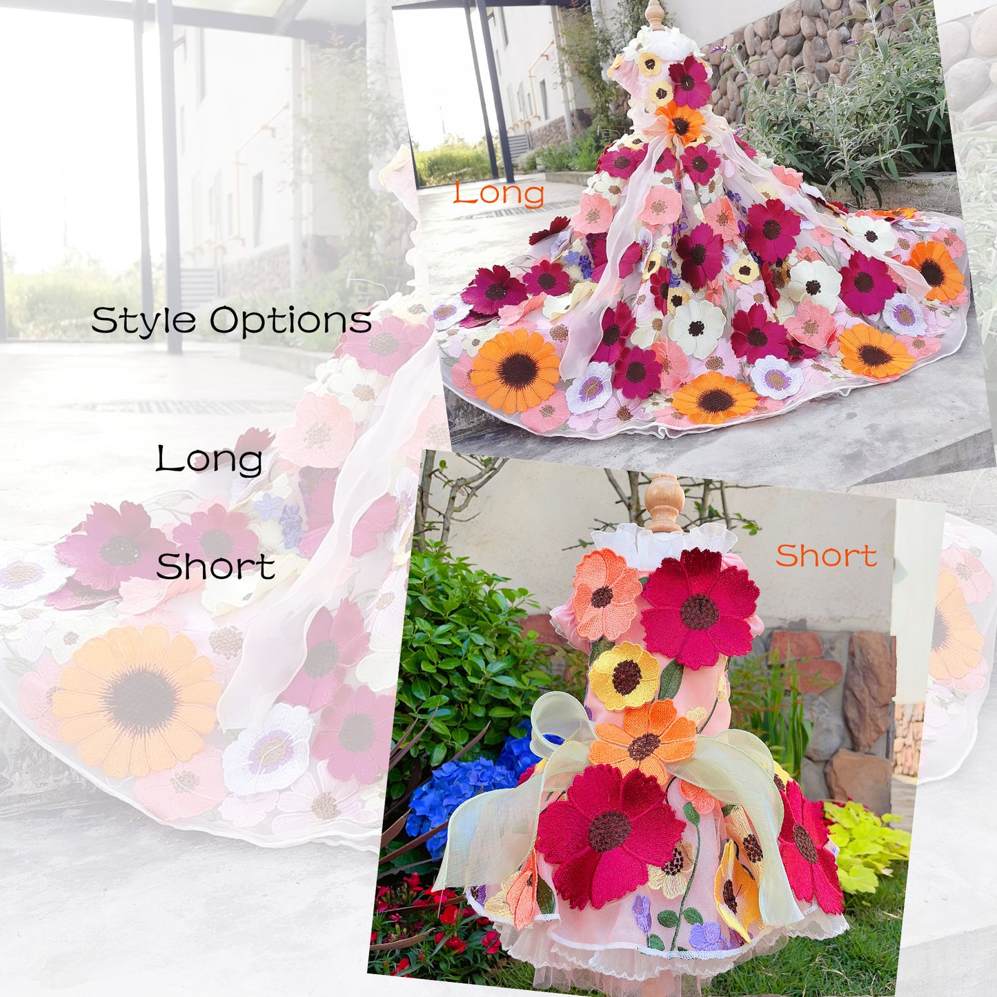 Handmade Dog Dress with 3D Embroidered Sunflower Tulle - Long - Tail Gown