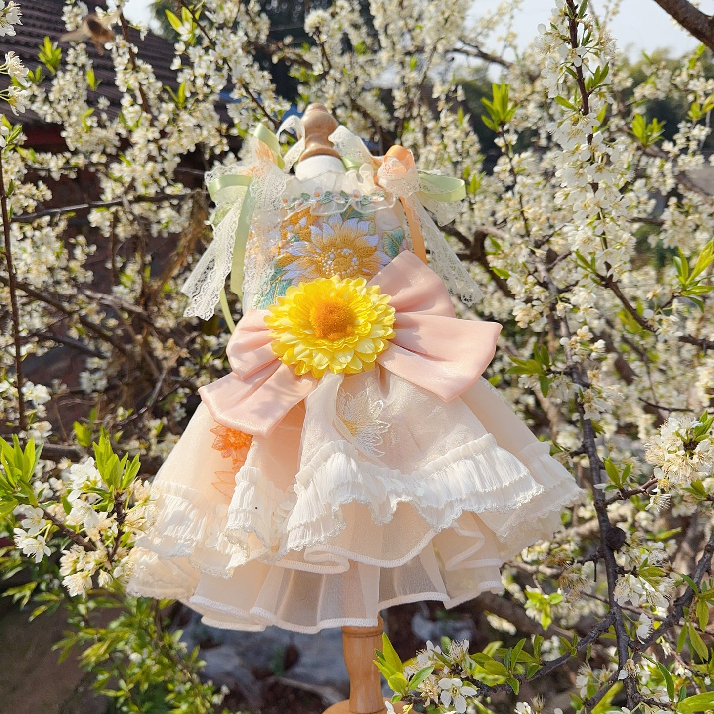 Yellow Embroidered Sunflowers Dog Wedding Dress