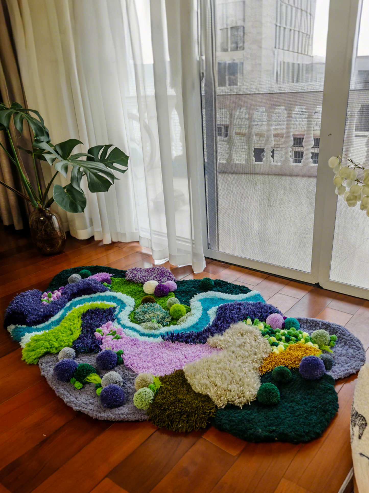 3D Fluffy Purple Green Handmade Latch Look Moss Rugs - Multiple Sizes