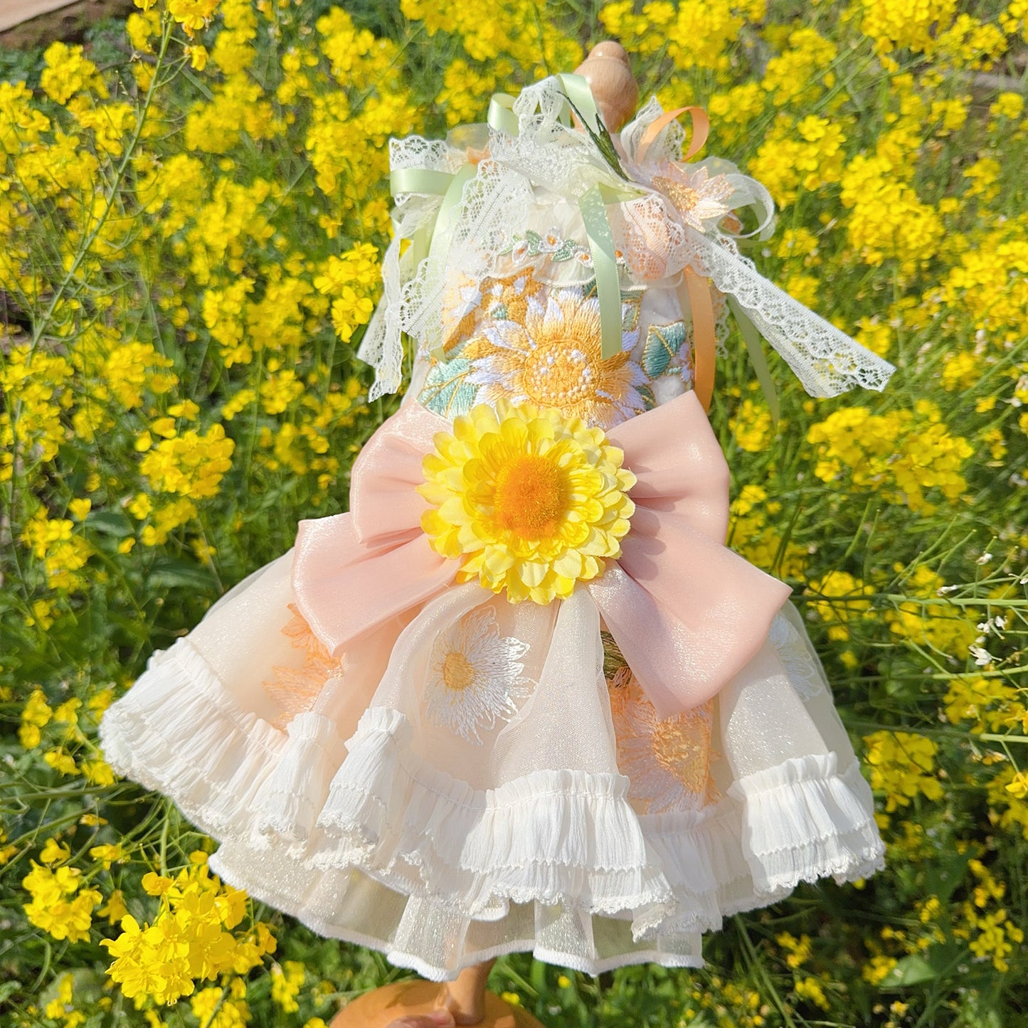 Yellow Embroidered Sunflowers Dog Wedding Dress