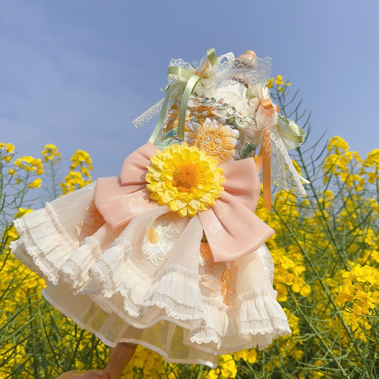Yellow Embroidered Sunflowers Dog Wedding Dress