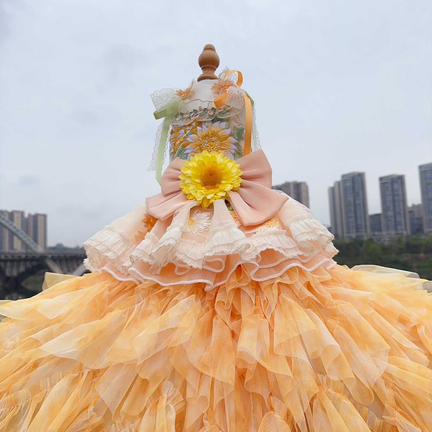 Yellow Embroidered Sunflowers Dog Wedding Dress