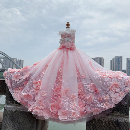 Pink 3D Floral Wedding Gown for Dogs/Cats – Long Train