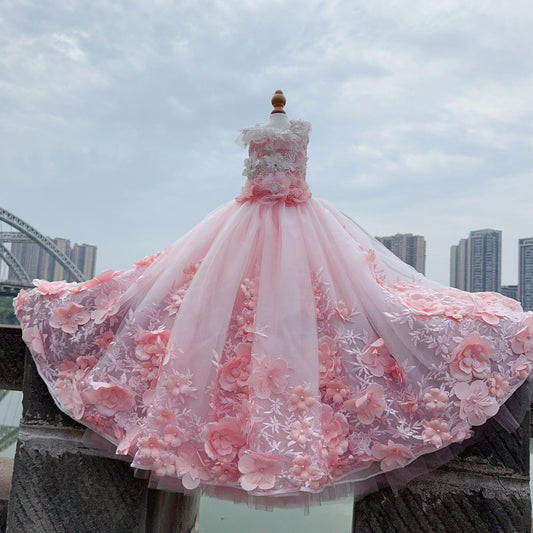 Pink 3D Floral Wedding Gown for Dogs/Cats – Long Train