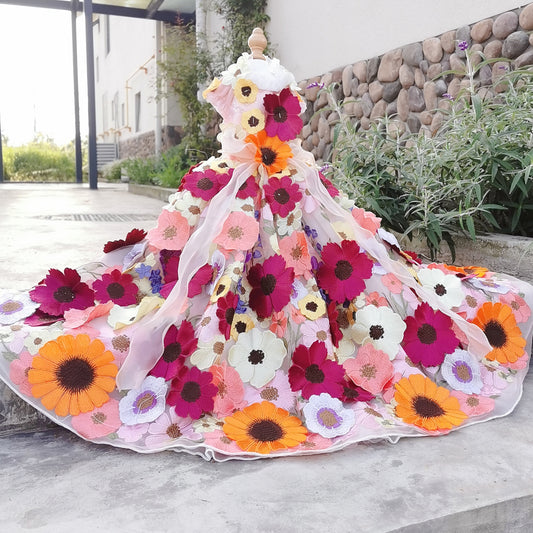 Handmade Dog Dress with 3D Embroidered Sunflower Tulle - Long - Tail Gown
