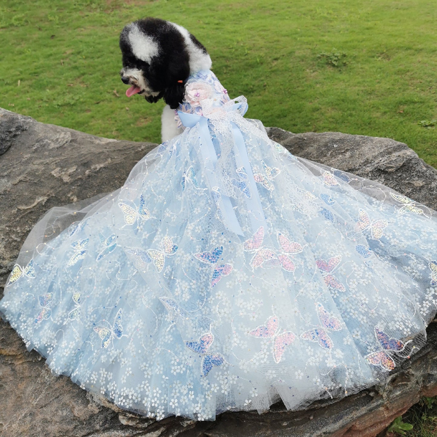 Blue Daisy Sequin Trailing Exquisite Wedding Dress for Dogs