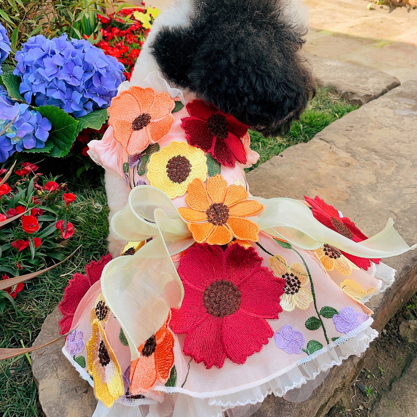 Handmade Dog Dress with 3D Embroidered Sunflower Tulle - Long - Tail Gown