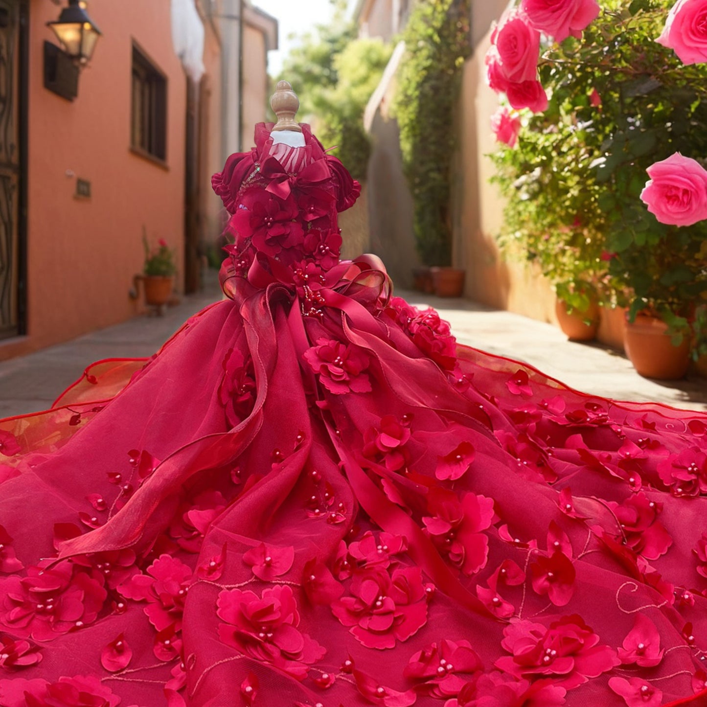 3D Flower Pearl Long Trailing Pet Wedding Dress