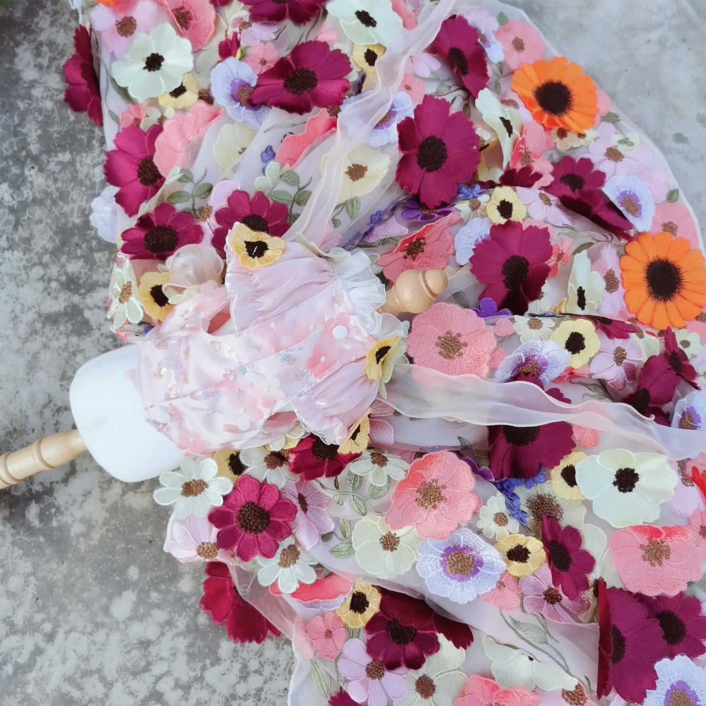 Handmade Dog Dress with 3D Embroidered Sunflower Tulle - Long - Tail Gown