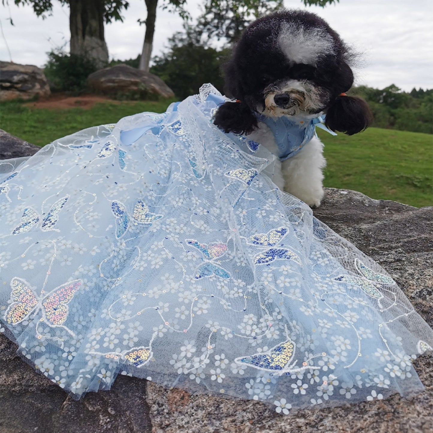 Blue Daisy Sequin Trailing Exquisite Wedding Dress for Dogs