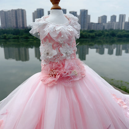 Pink 3D Floral Wedding Gown for Dogs & Cats – Long Train Couture Dress