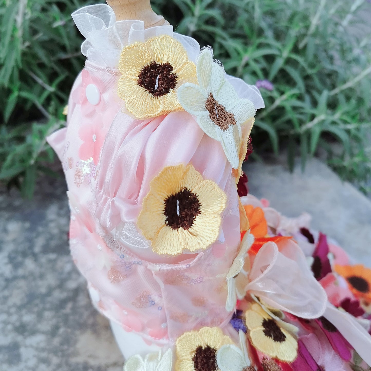 Handmade Dog Dress with 3D Embroidered Sunflower Tulle - Long - Tail Gown