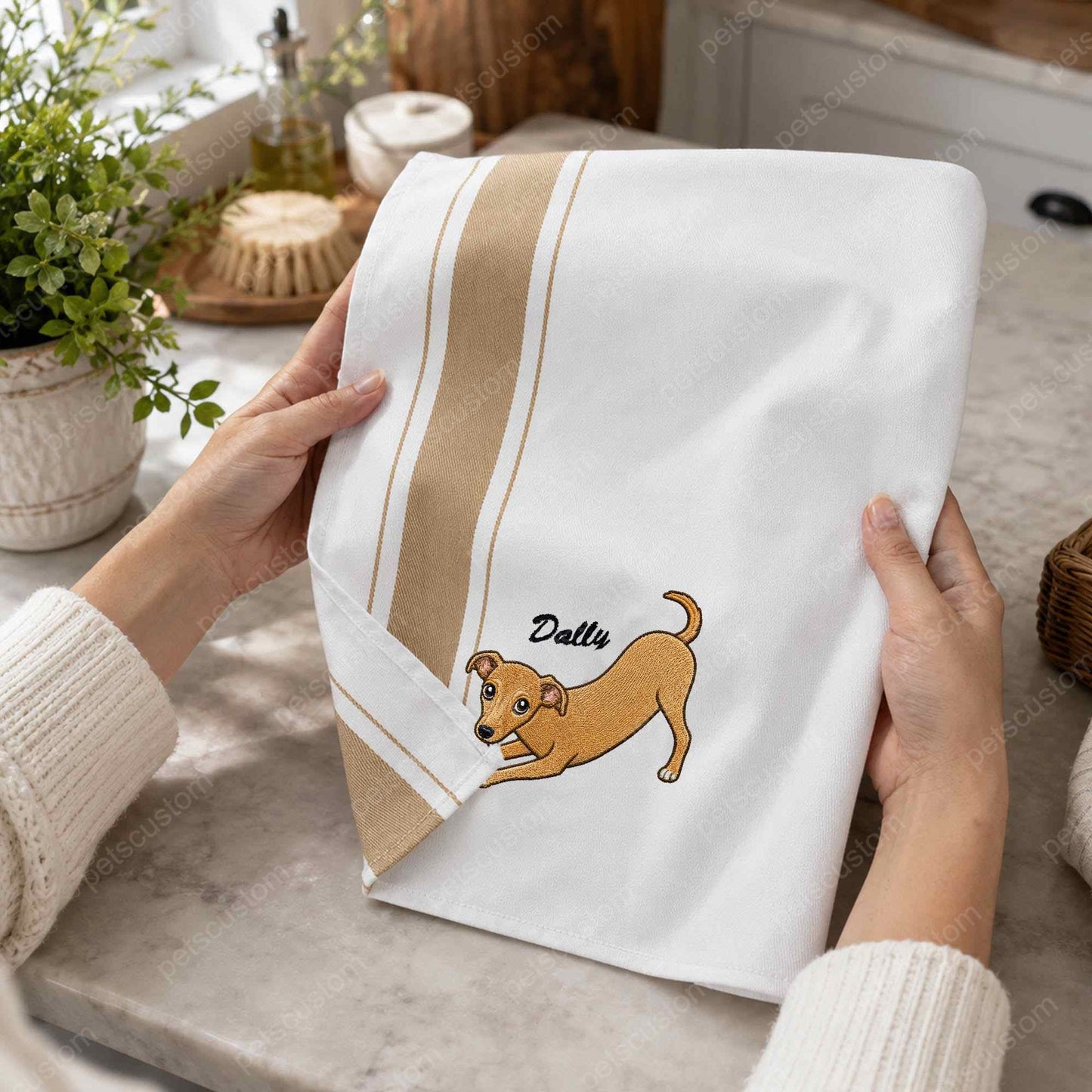 Custom Embroidered Pet Portrait Kitchen Towel with Name, Personalized Cotton Dish Towel