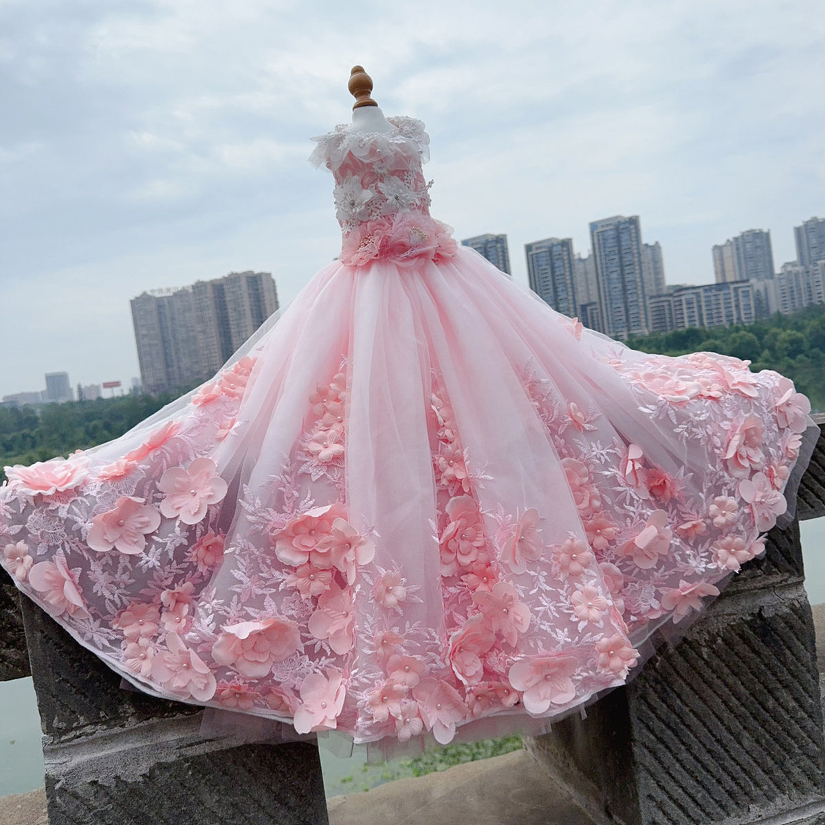 Pink 3D Floral Wedding Gown for Dogs & Cats – Long Train Couture Dress
