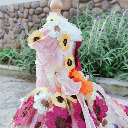 Handmade Dog Dress with 3D Embroidered Sunflower Tulle - Long - Tail Gown