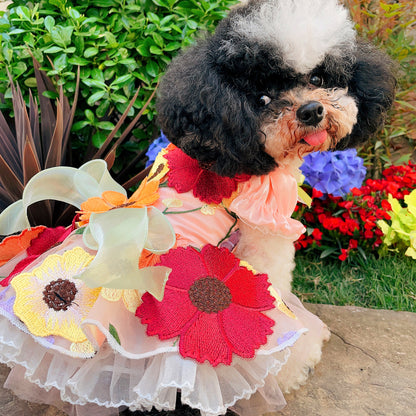 Handmade Dog Dress with 3D Embroidered Sunflower Tulle - Long - Tail Gown