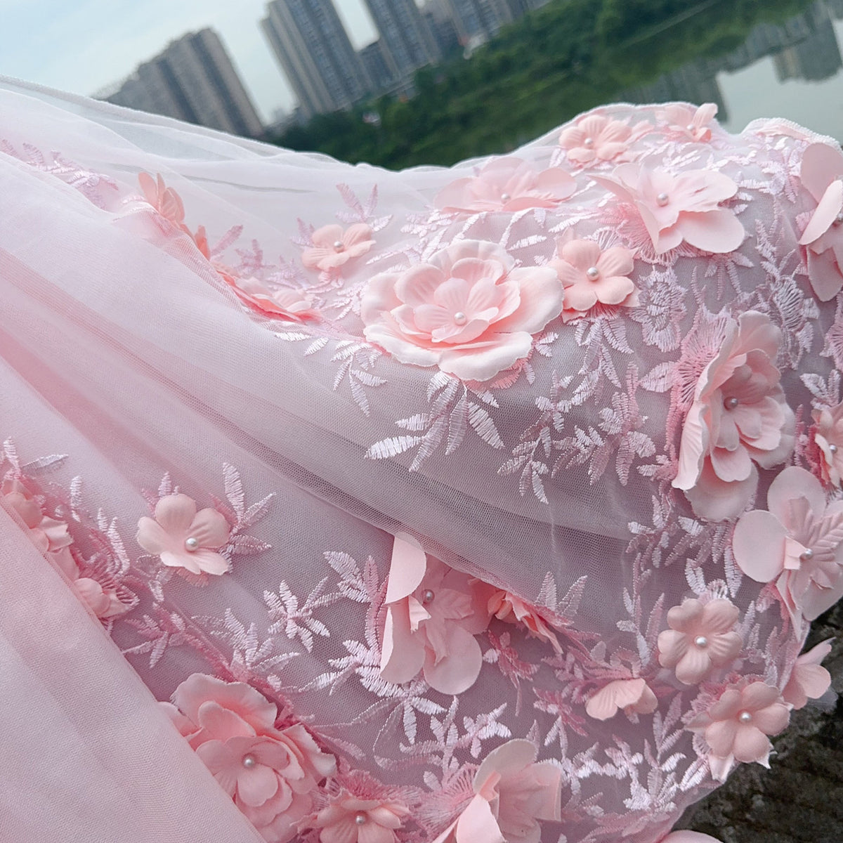 Pink 3D Floral Wedding Gown for Dogs & Cats – Long Train Couture Dress
