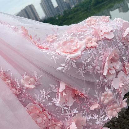 Pink 3D Floral Wedding Gown for Dogs & Cats – Long Train Couture Dress