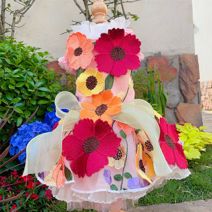 Handmade Dog Dress with 3D Embroidered Sunflower Tulle - Long - Tail Gown