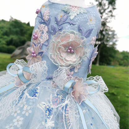 Blue Daisy Sequin Trailing Exquisite Wedding Dress for Dogs