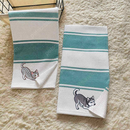 Custom Embroidered Cotton Waffle Kitchen Towel with Pet Portrait & Name