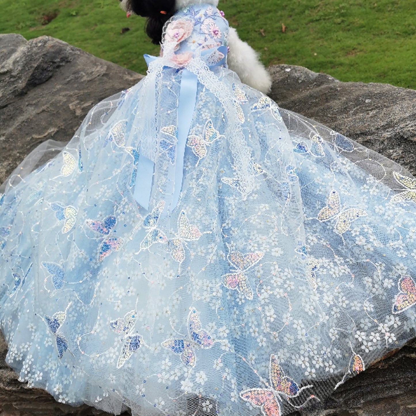 Blue Daisy Sequin Trailing Exquisite Wedding Dress for Dogs