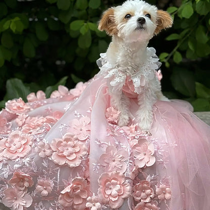 Pink 3D Floral Wedding Gown for Dogs/Cats – Long Train