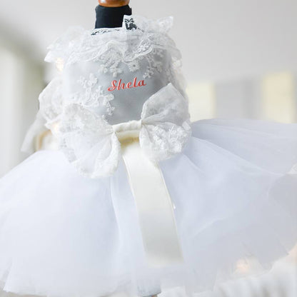 Custom Embroidered Dog Wedding Dress with Delicate Lace Collar Pet Tutu