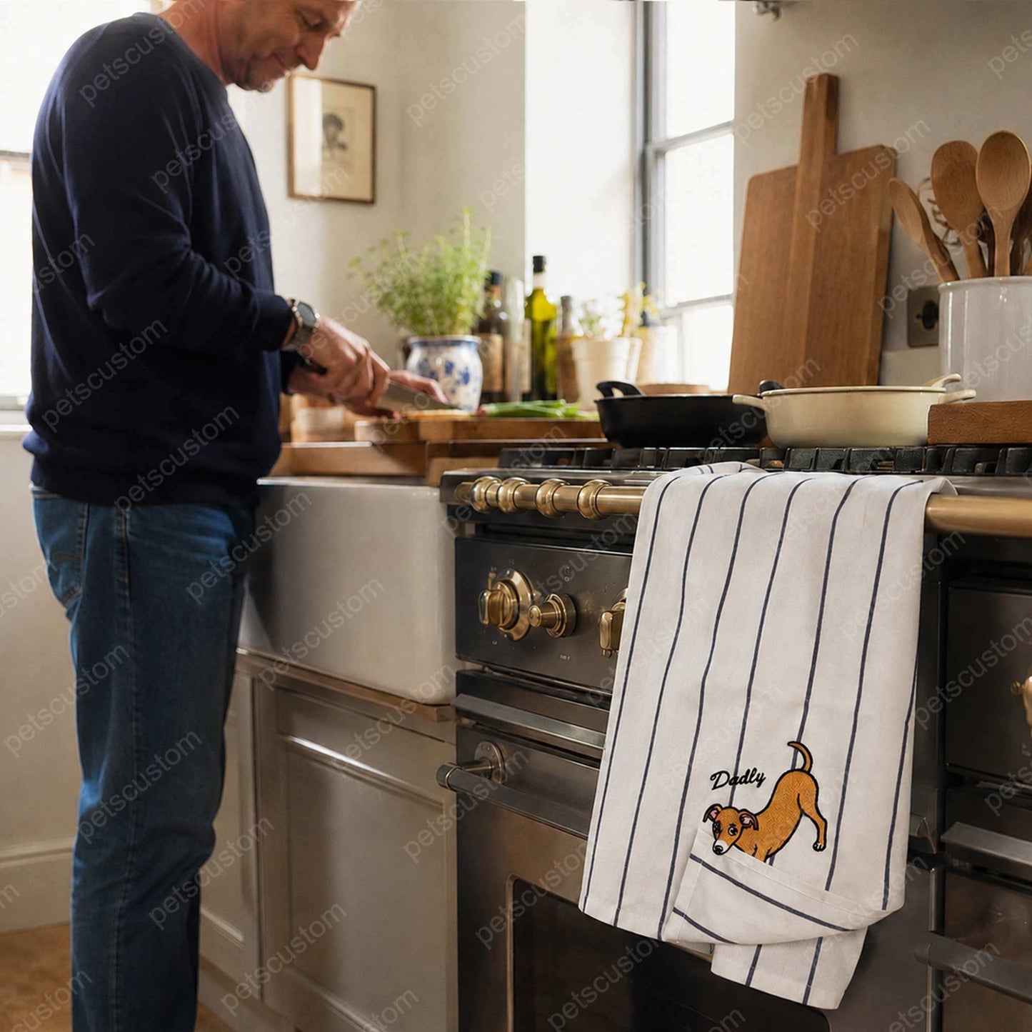 Personalized Dog Cat Portrait Kitchen Towel, Custom Embroidered Pet Corner Bite Towel with Name
