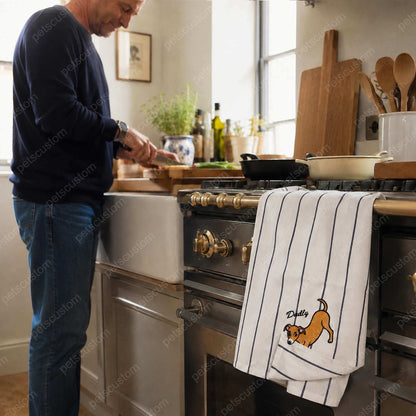 Personalized Dog Cat Portrait Kitchen Towel, Custom Embroidered Pet Corner Bite Towel with Name