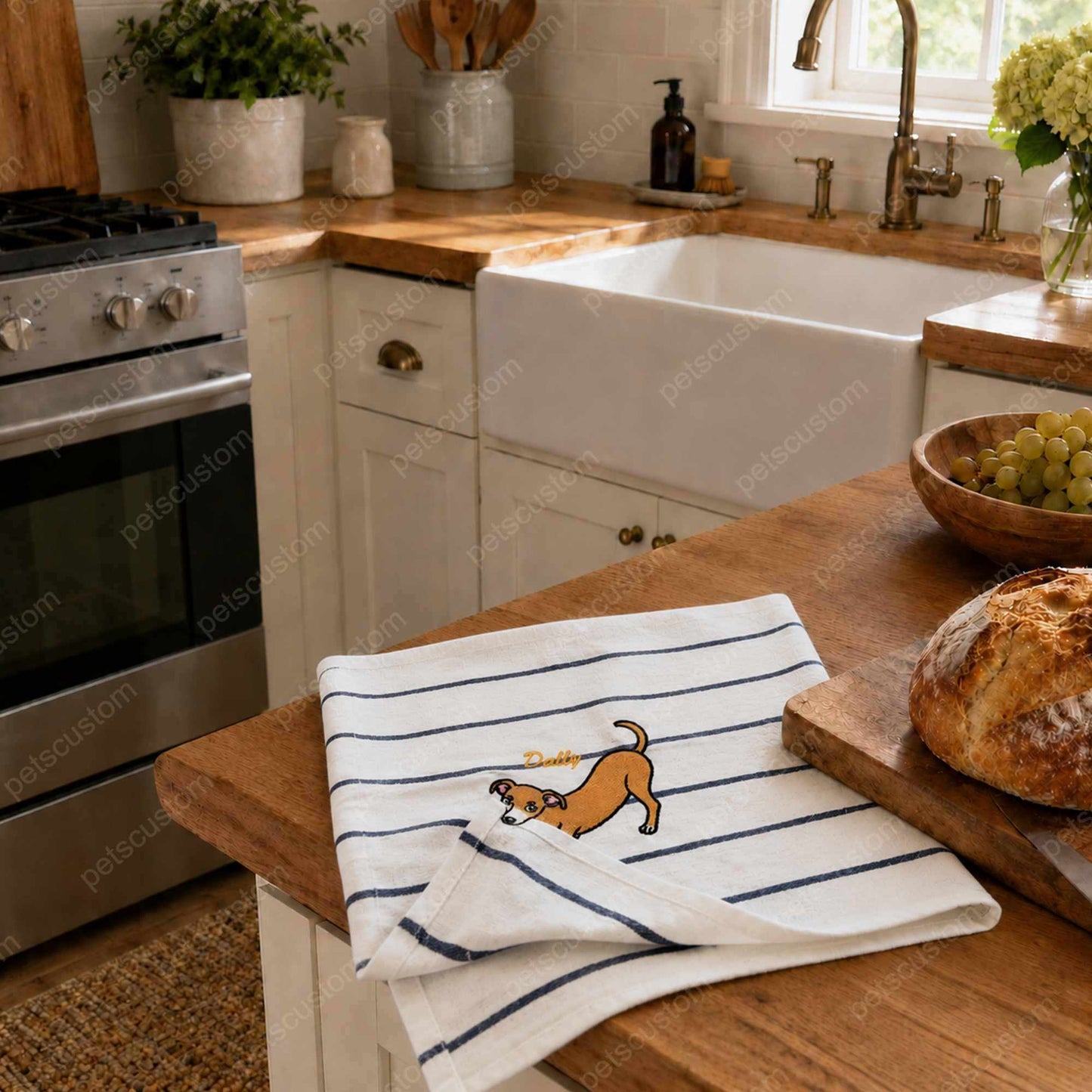 Dog Mom Kitchen Towel, Personalized Pet Portrait Embroidered Gift