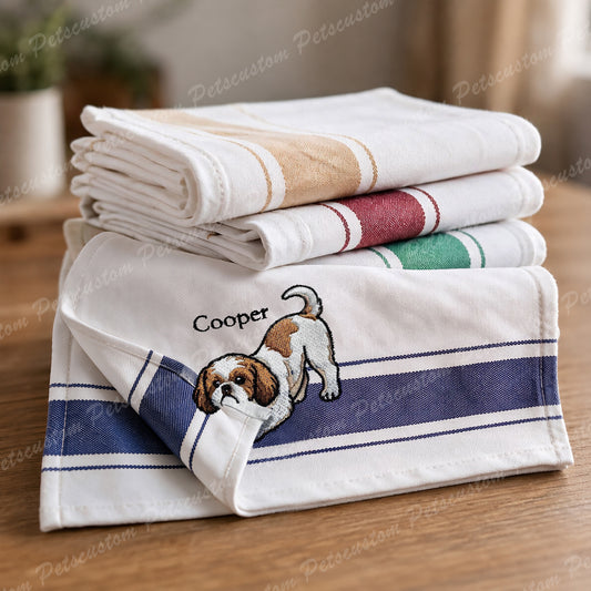 Custom Embroidered Pet Portrait Kitchen Towel with Name, Personalized Cotton Dish Towel