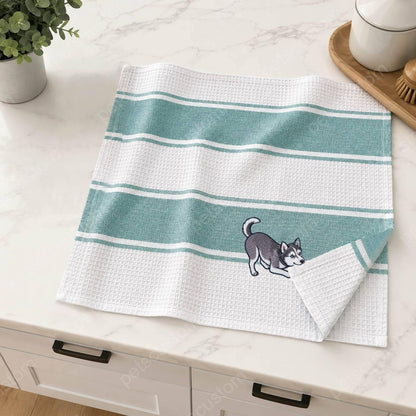 Custom Embroidered Cotton Waffle Kitchen Towel with Pet Portrait & Name