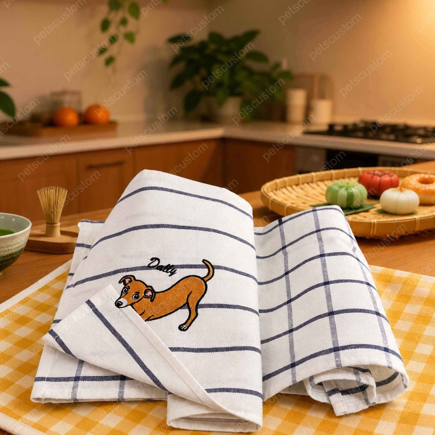 Personalized Dog Cat Portrait Kitchen Towel, Custom Embroidered Pet Corner Bite Towel with Name