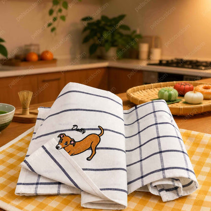 Personalized Dog Cat Portrait Kitchen Towel, Custom Embroidered Pet Corner Bite Towel with Name