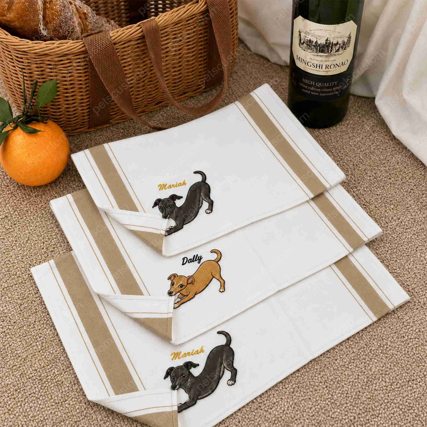 Custom Pet Corner Bite Kitchen Towel with Embroidered Portrait & Name